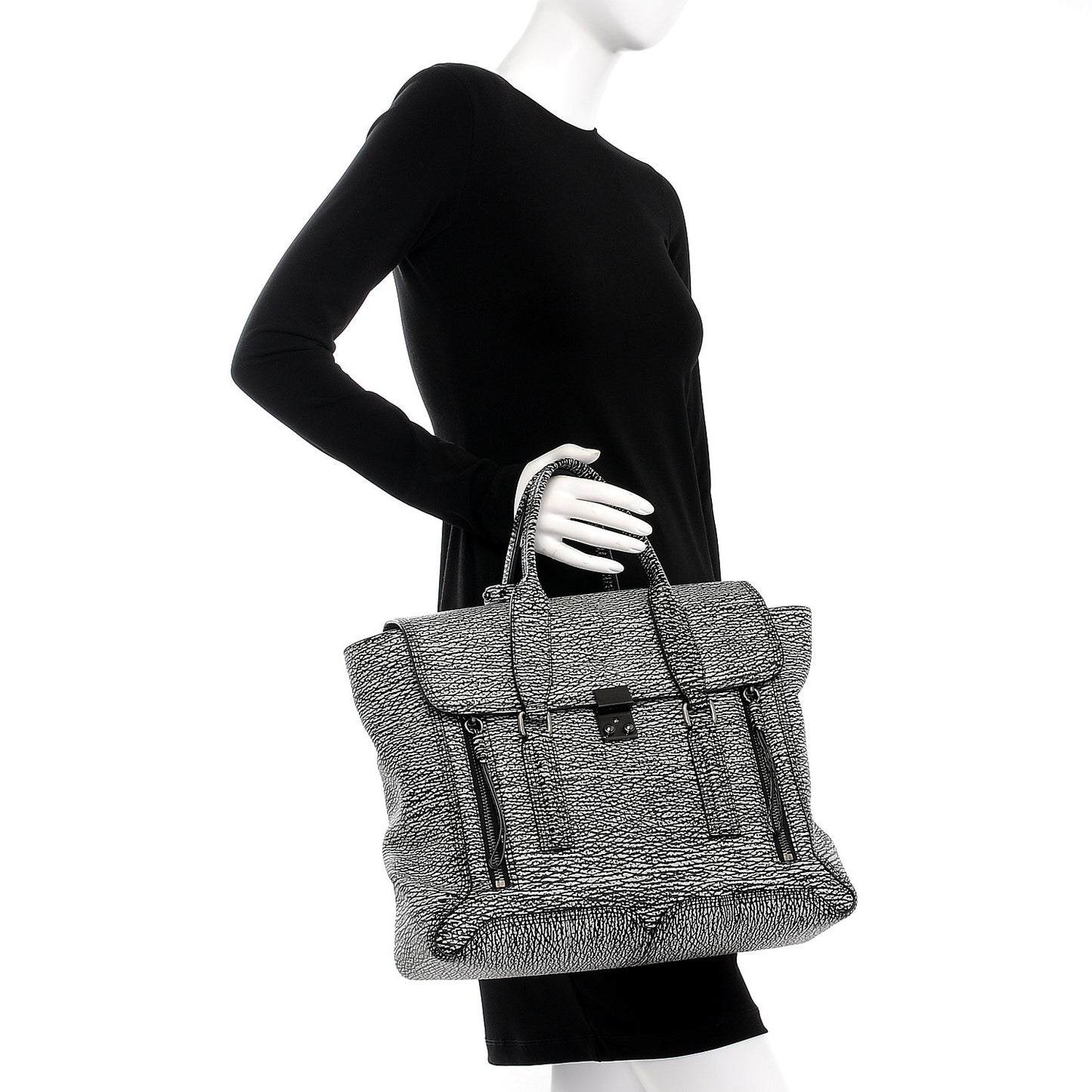 3.1 Textured Calfskin Large Pashli Satchel Black Cream