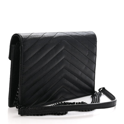 Saint Laurent Grain De Poudre Matelasse Chevron Monogram Monochrome Envelope Chain Wallet Black 3 of 10
