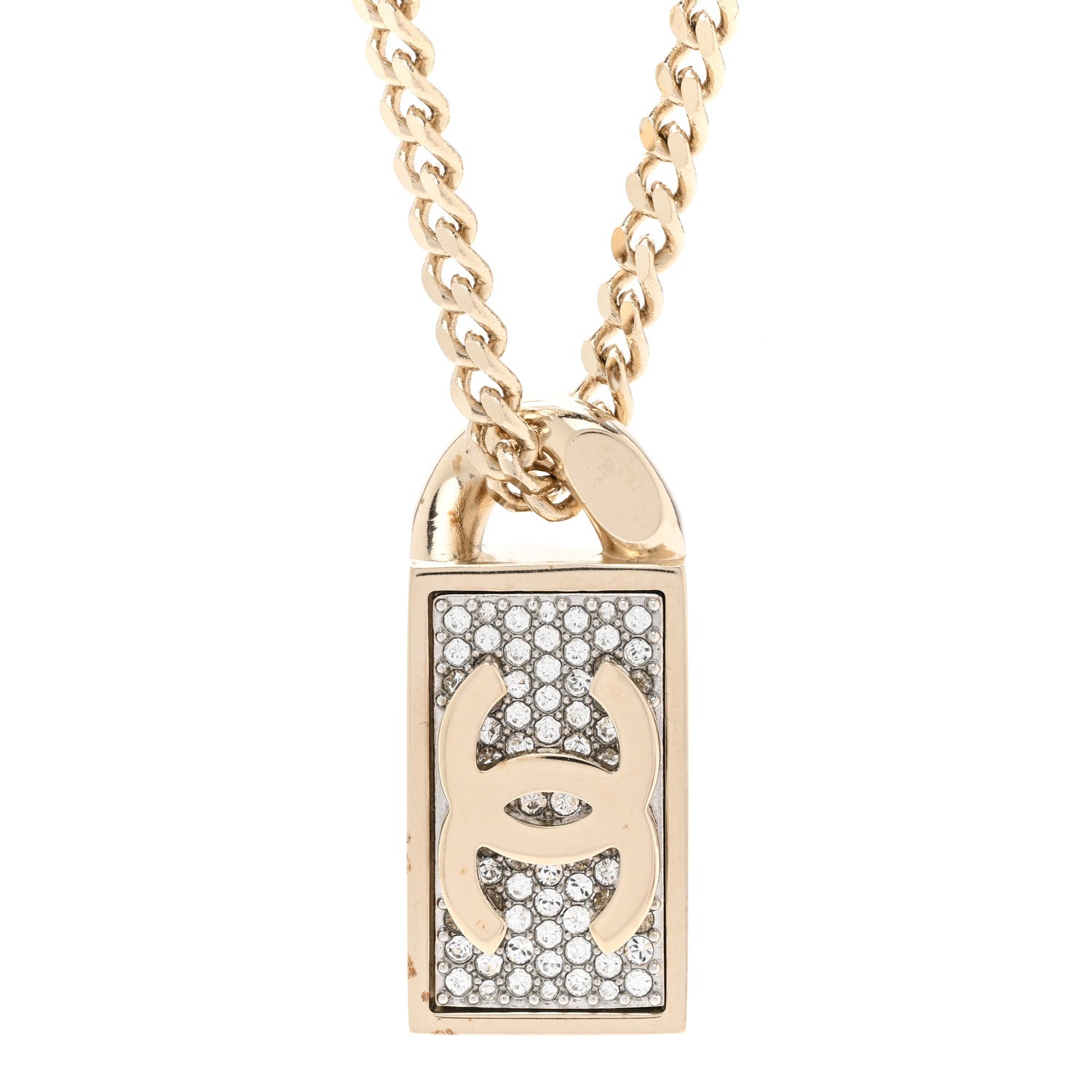 Chanel Crystal Dog Tag Charm Necklace Gold 4 of 6