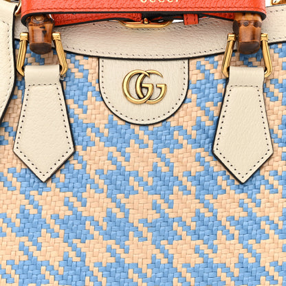 Gucci Raffia Textured Dollar Calfskin Web Houndstooth Small Diana Tote Bag Light Blue Natural Deep Orange 8 of 14