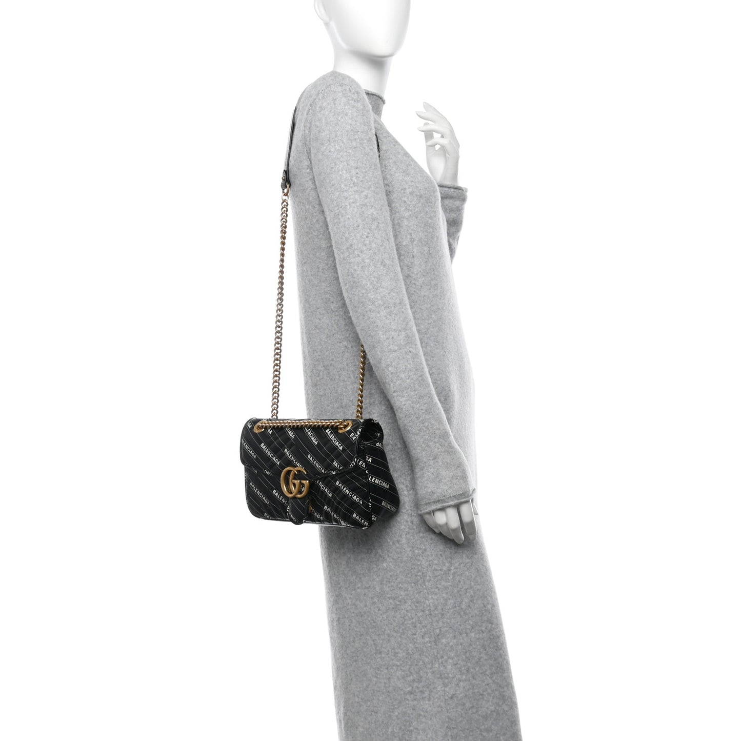 X BALENCIAGA Calfskin Matelasse Logo Print Small GG Marmont Shoulder Bag Black