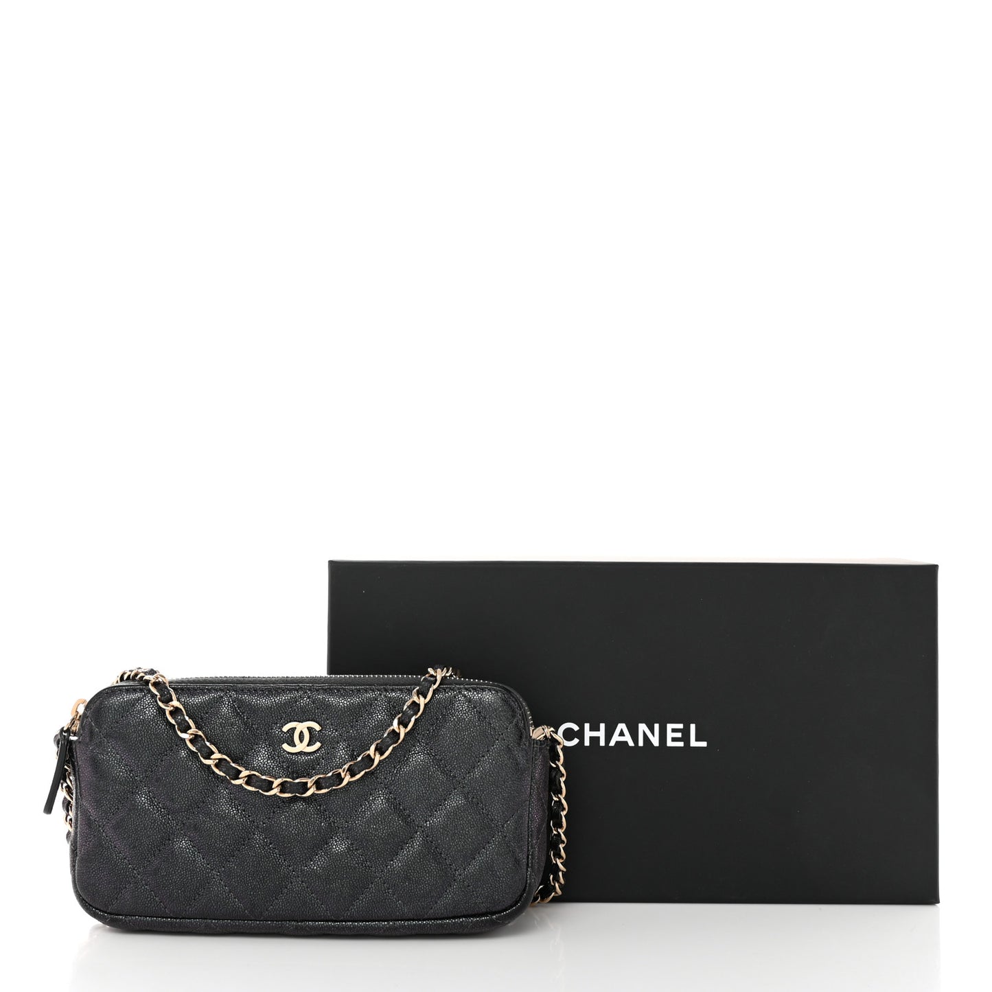 Iridescent Caviar Quilted Small Clutch With Chain Black