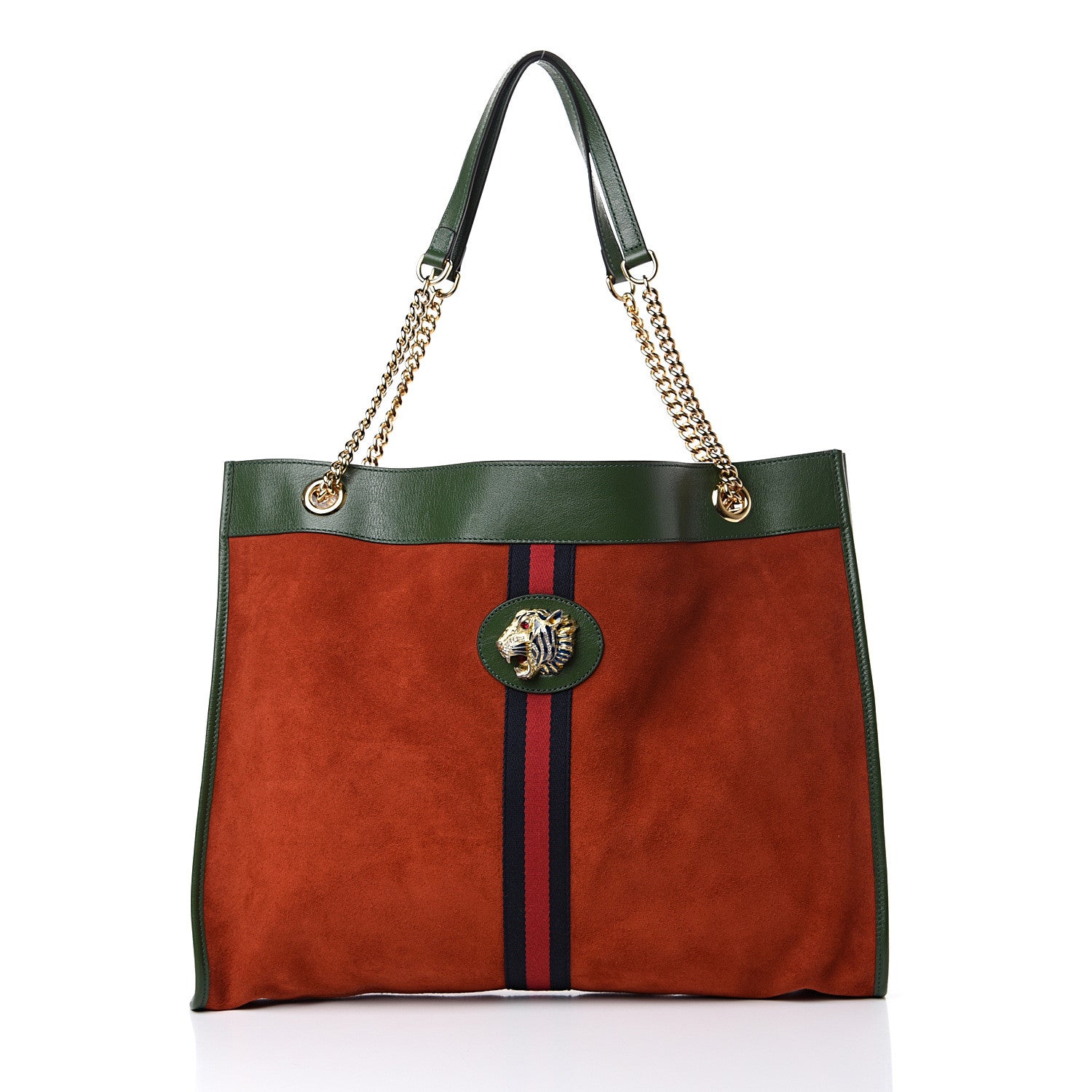Gucci Suede Calfskin Large Rajah Chain Tote Brown Green 2 of 12