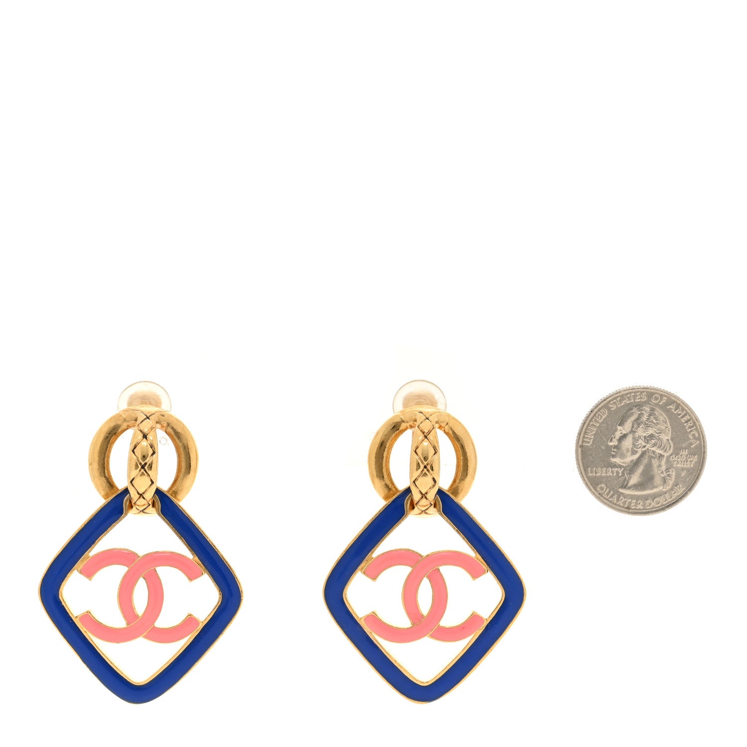 Chanel Metal Resin CC Diamond Clip On Earrings Gold Blue Pink 2 of 5