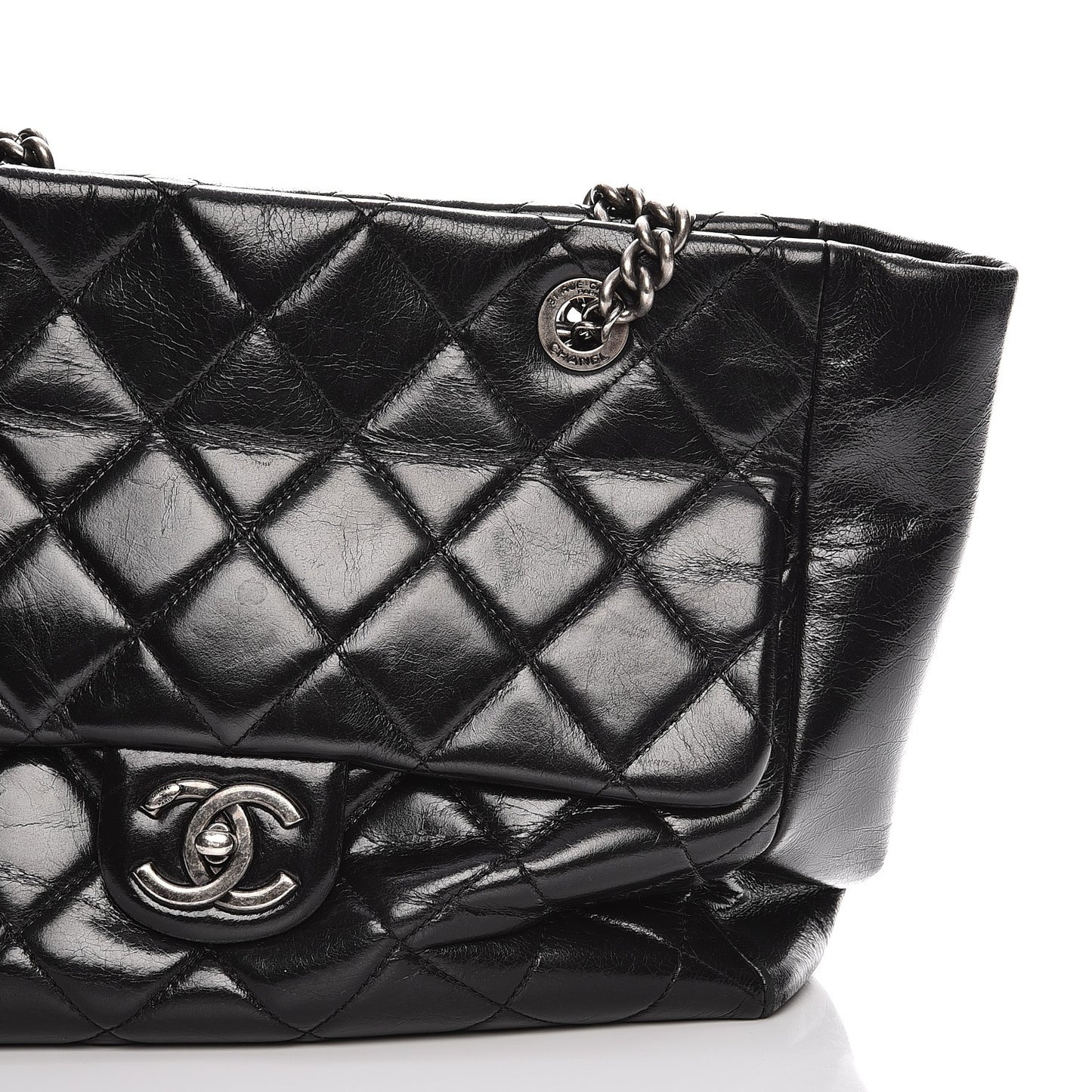 Glazed Calfskin Quilted Small Duo Color Tote Black