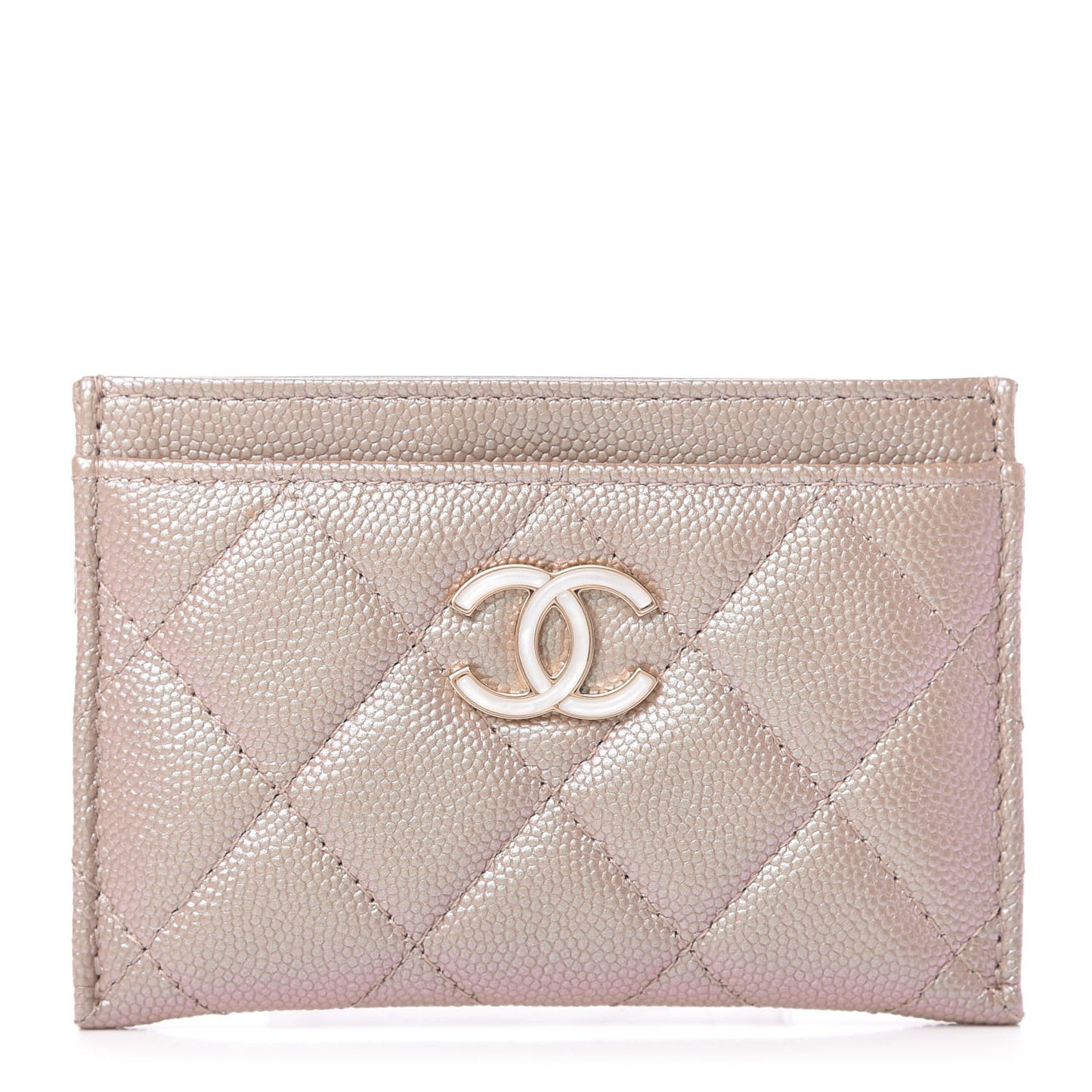 Iridescent Caviar Quilted Card Holder Beige