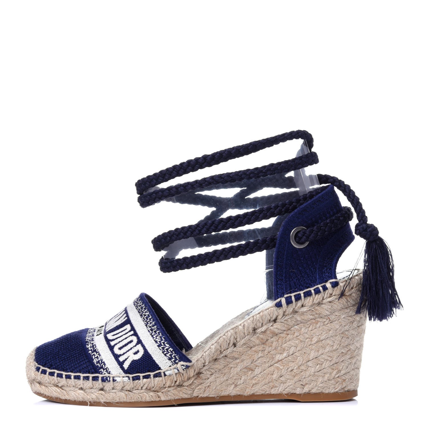 Christian Dior Canvas Embroidered Granville Ankle Tie Espadrille Wedges 36.5 Indigo Blue 1 of 15