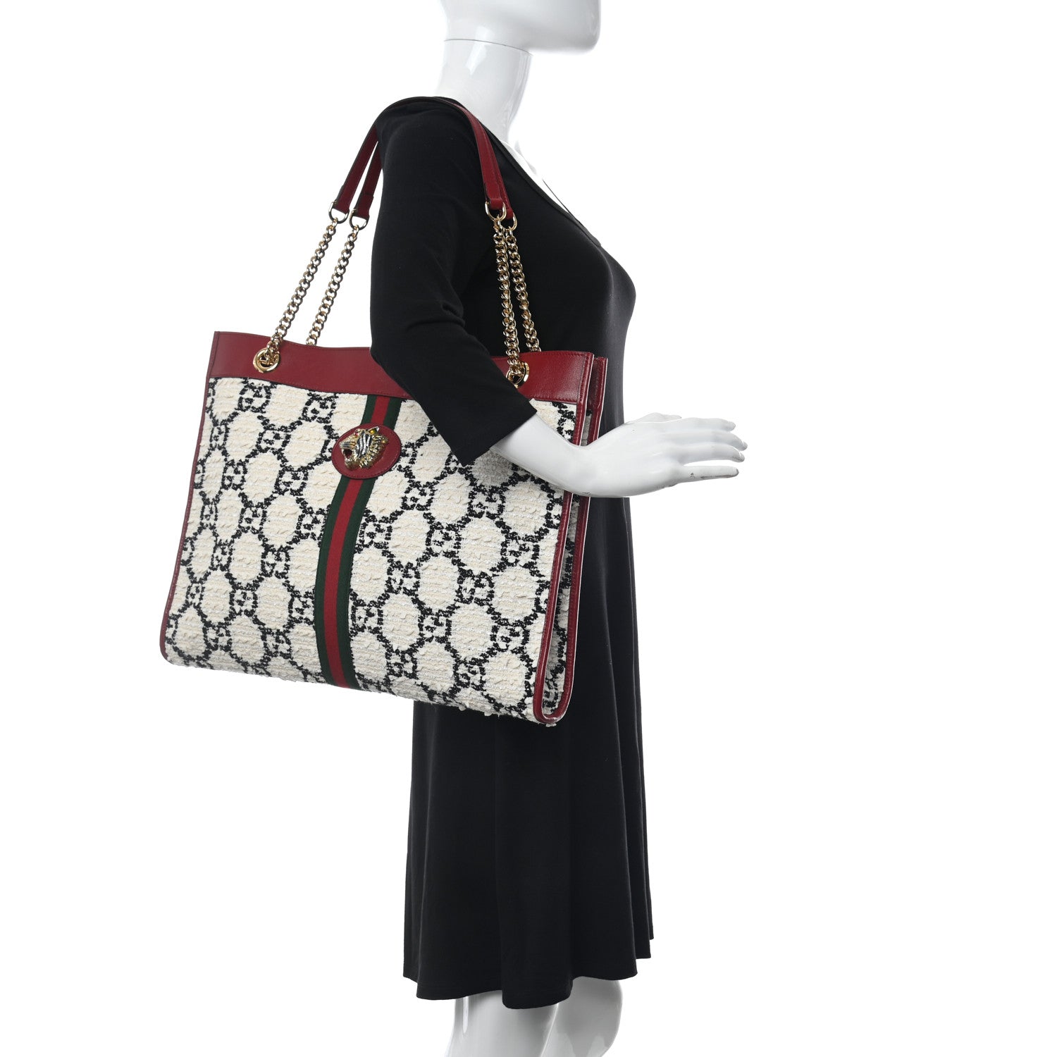 Gucci Tweed GG Monogram Large Rajah Chain Tote White Black Romantic Cherry 2 of 10