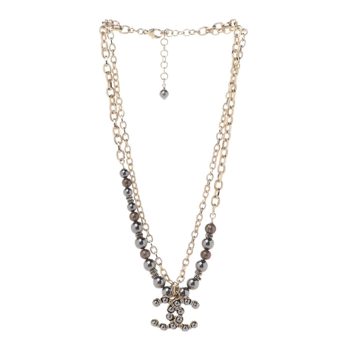 Crystal Pearl Nefertiti CC Double Chain Pendant Necklace Gold Dark Grey