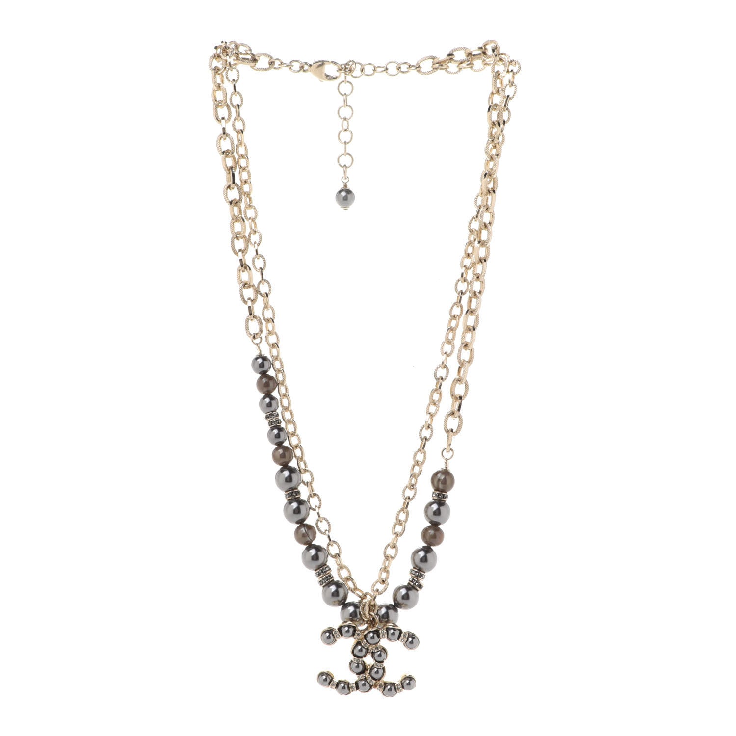 Chanel Crystal Pearl Nefertiti CC Double Chain Pendant Necklace Gold Dark Grey 3 of 6