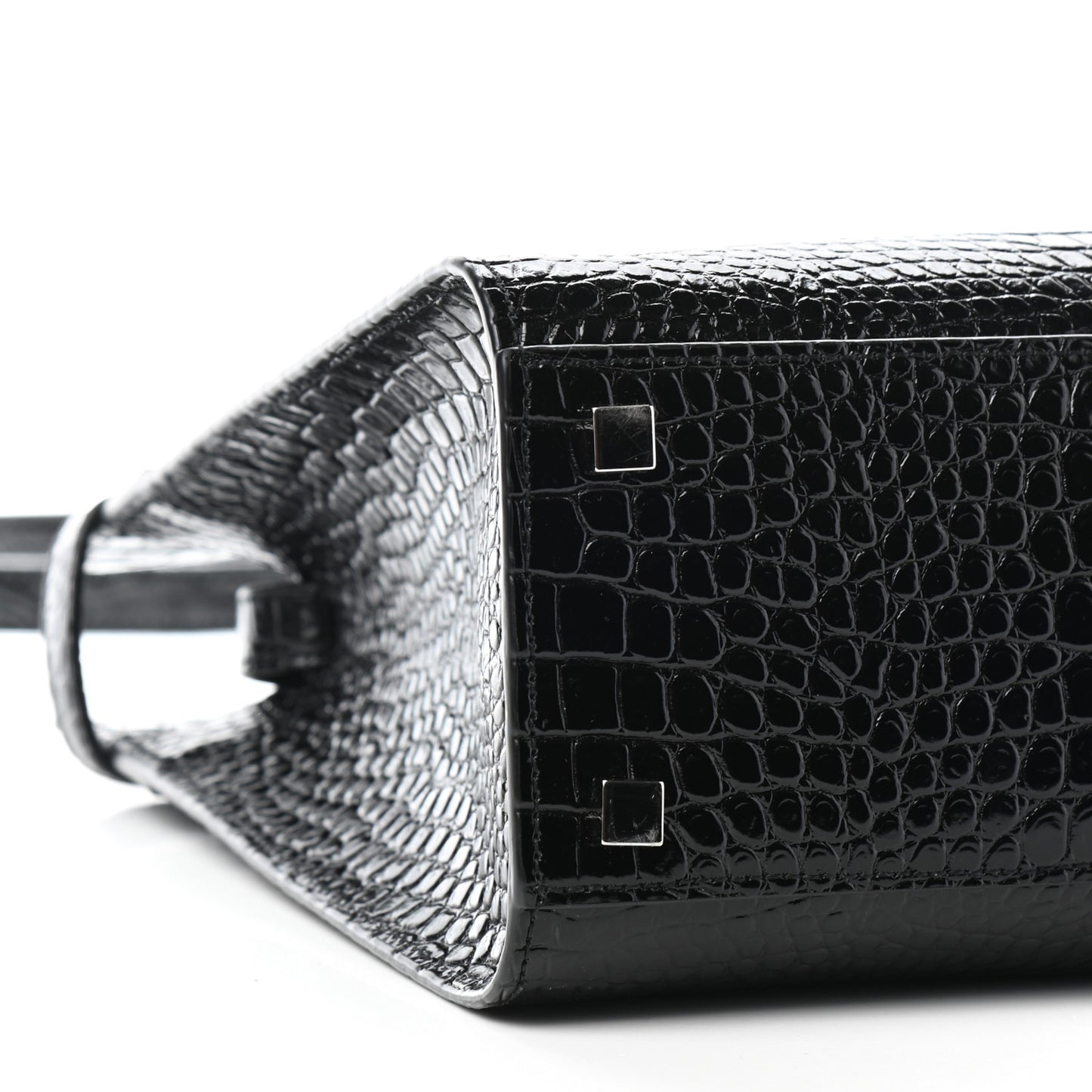 Shiny Calfskin Crocodile Embossed Small Manhattan Shopper Tote Black