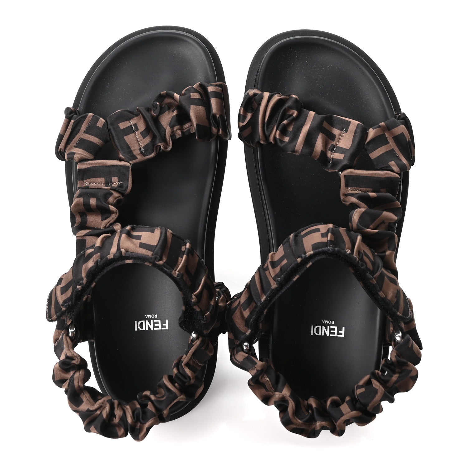 Fendi Satin FF Ruched Sandals 37 Tobacco Black 2 of 9