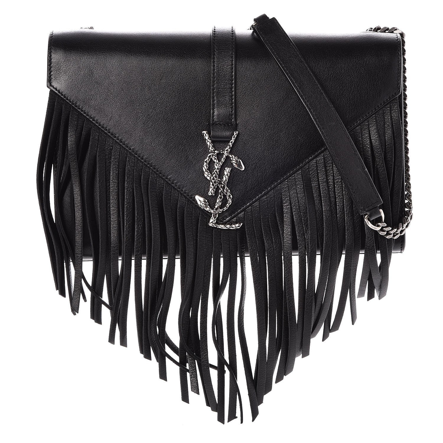 Saint Laurent Calfskin Fringe Medium Snake Monogram Satchel Black 1 of 6