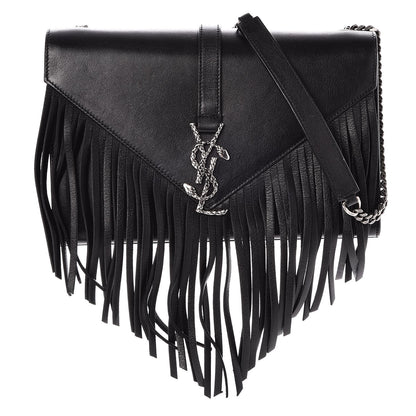 Saint Laurent Calfskin Fringe Medium Snake Monogram Satchel Black 1 of 6