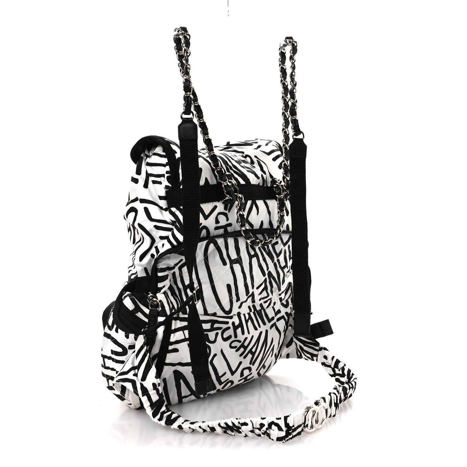 Chanel Nylon Printed Quilted Coco Neige Convertible Backpack Black White 3 of 18
