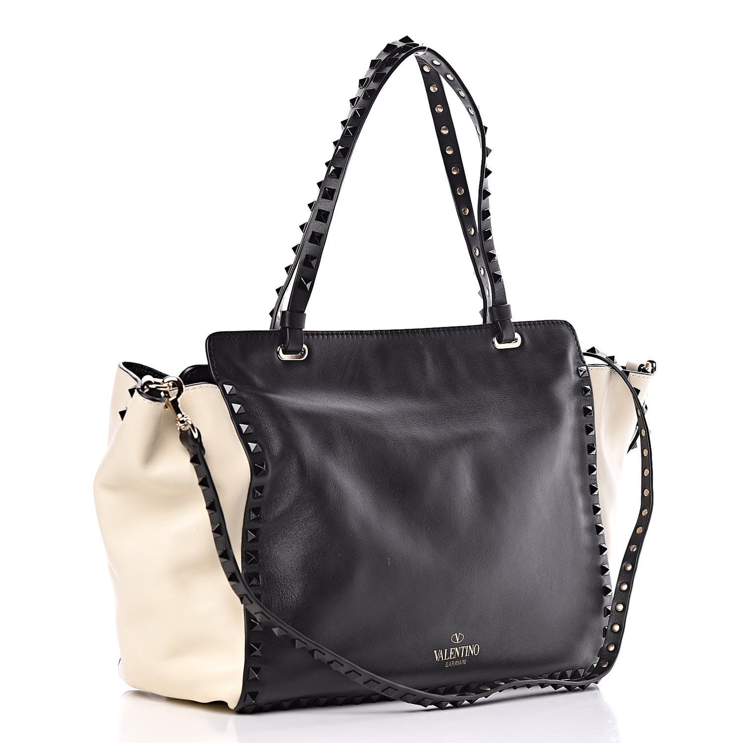 Vitello Monochrome Medium Rockstud Tote Black Light Ivory