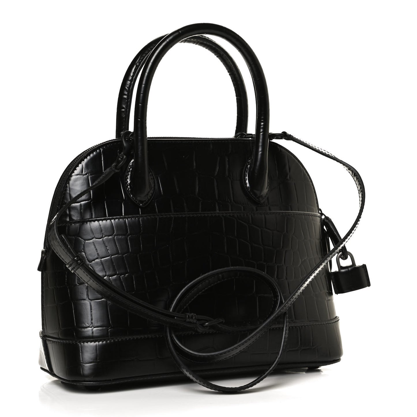 Calfskin Crocodile Embossed S Rivet Ville Top Handle Bag Black