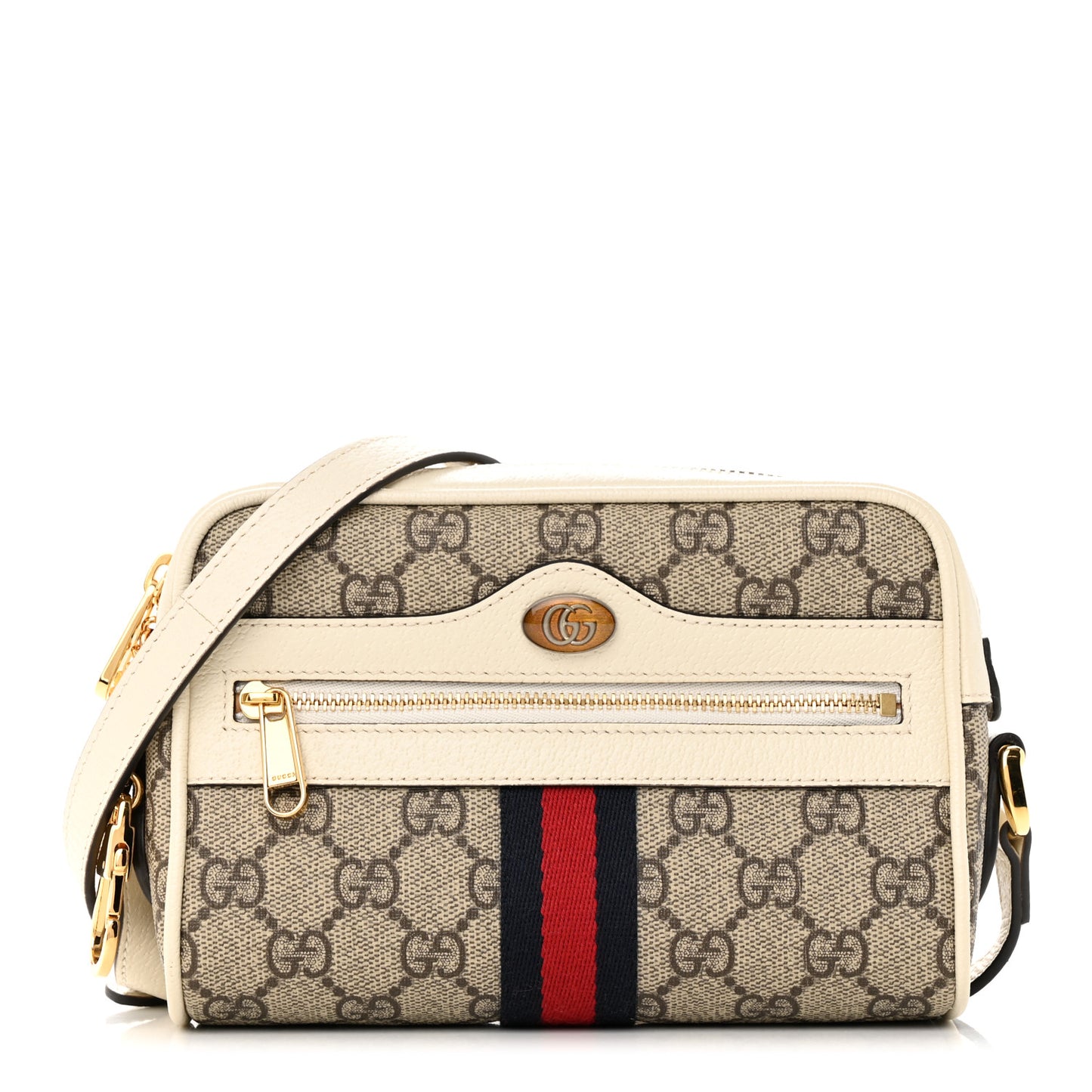 GG Supreme Monogram Textured Calfskin Web Mini Ophidia Shoulder Bag Beige Ebony Mystic White