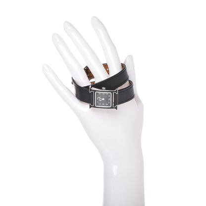 Hermes Stainless Steel Barenia Lacquer 21mm Heure H Hour Double Tour Quartz Watch Noir 2 of 8