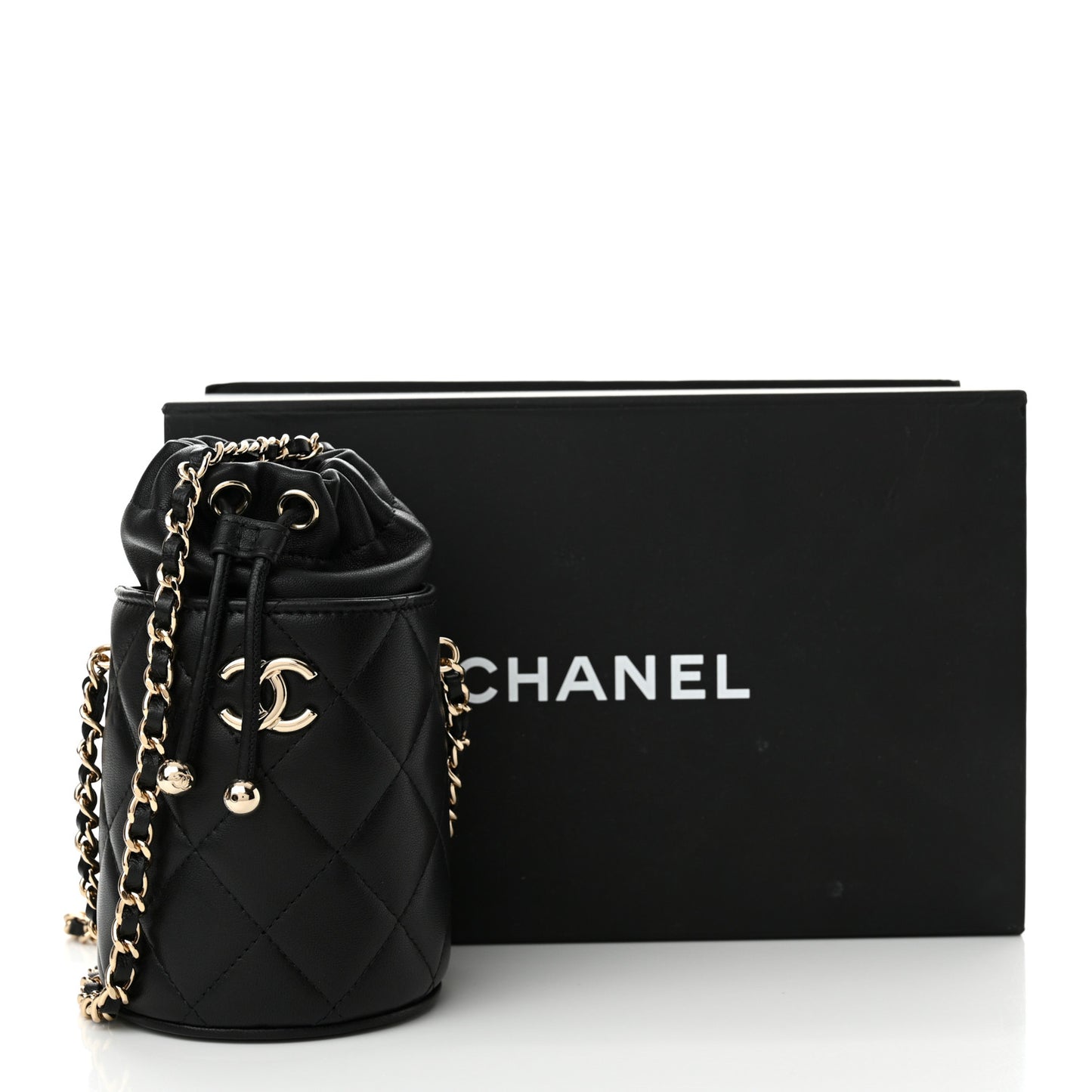 Lambskin Quilted Mini Bucket Bag With Chain Black