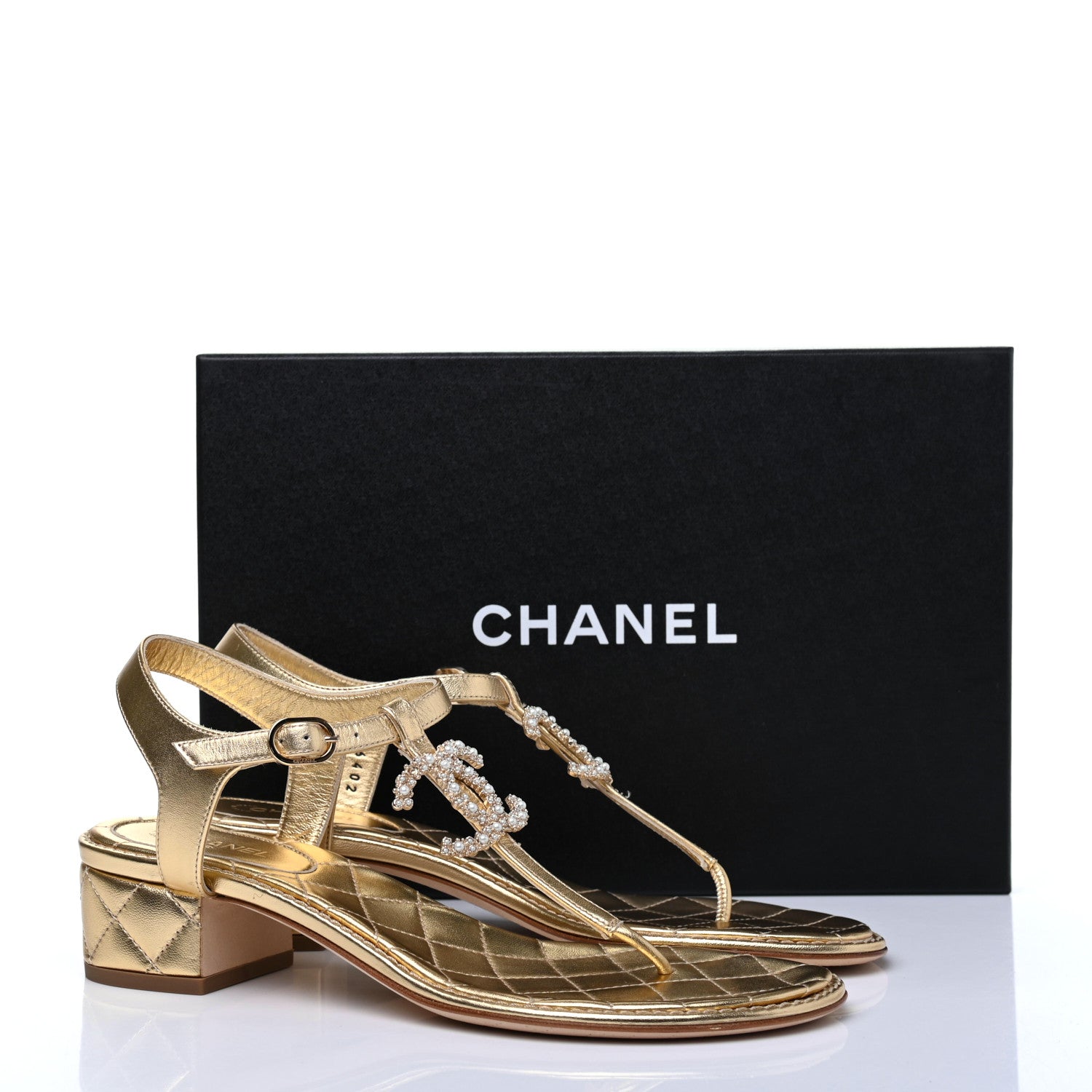 Chanel Laminated Lambskin Quilted CC Pearl Thong Sandals 39 Gold 10 of 10