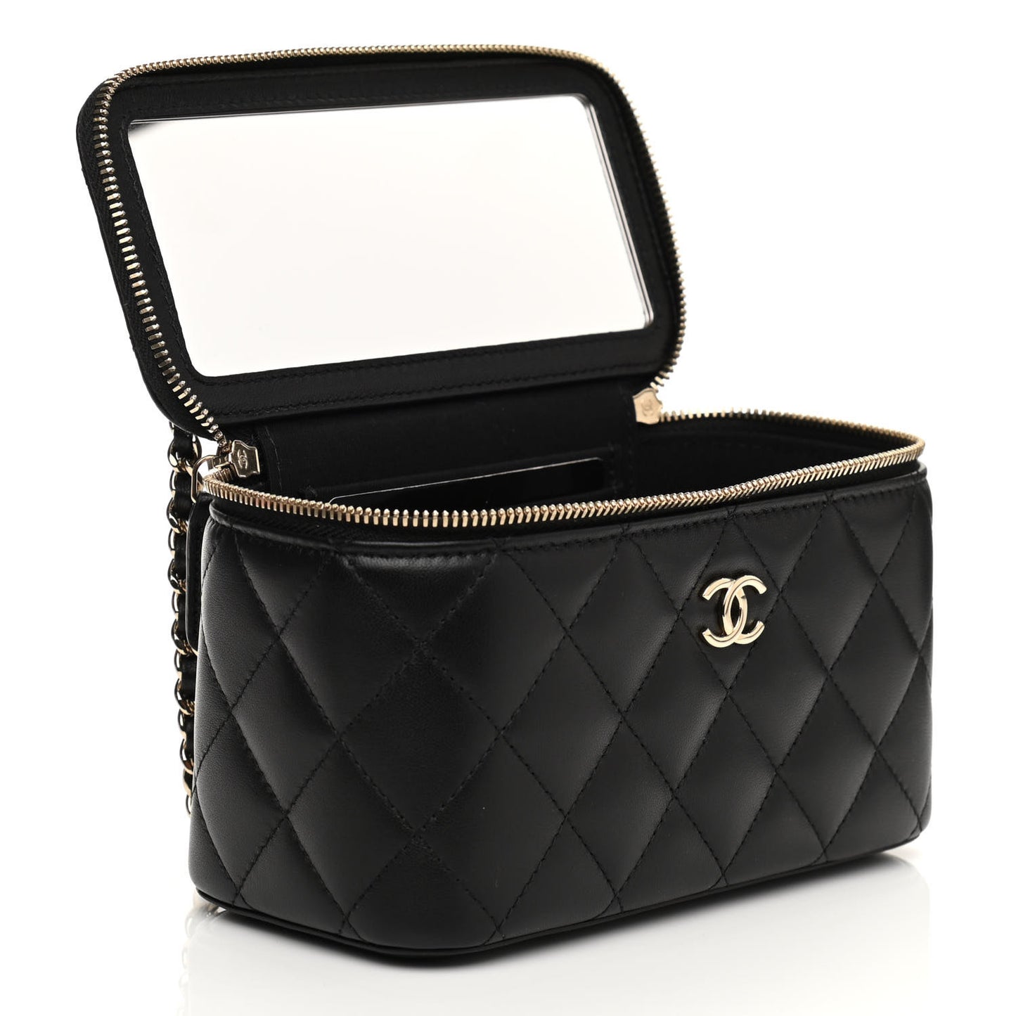 Lambskin Quilted Small Top Handle Vanity Case With Chain Black