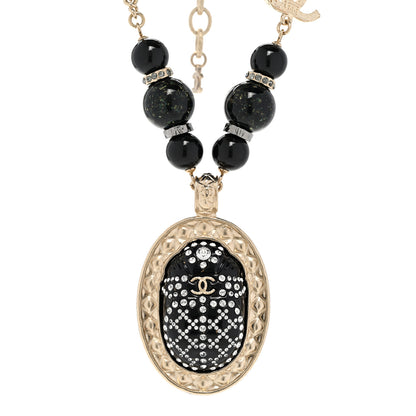 Chanel Metal Crystal Bead Scarab CC Pendant Necklace Black 1 of 7
