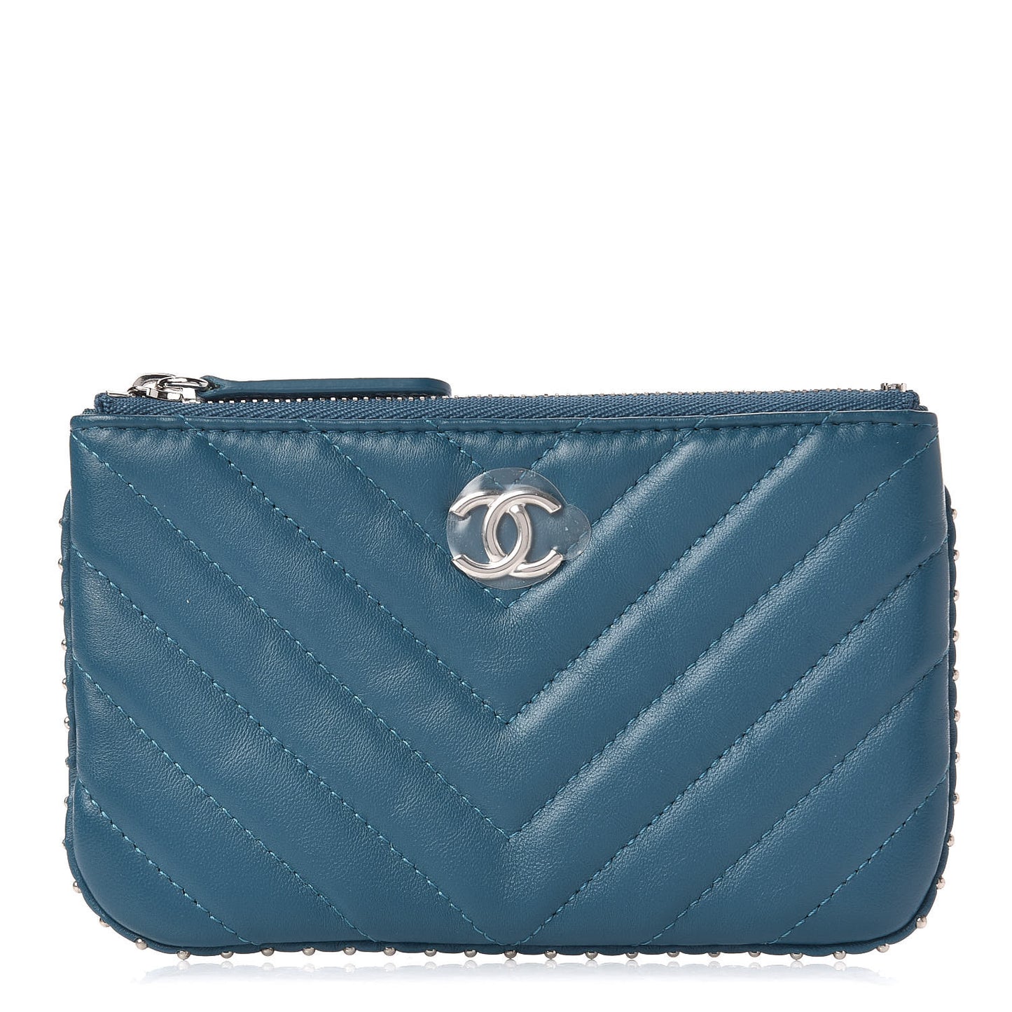 Lambskin Chevron Quilted Studded Small Cosmetic Case Blue