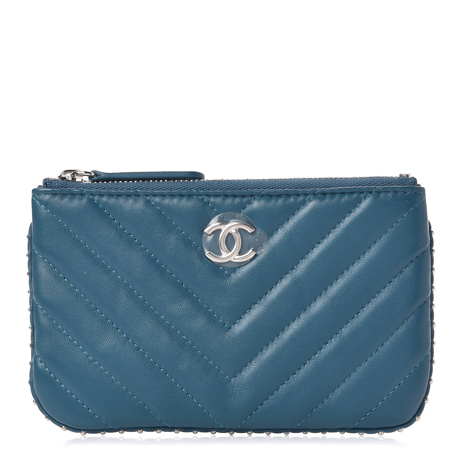 Chanel Lambskin Chevron Quilted Studded Small Cosmetic Case Blue 1 of 7