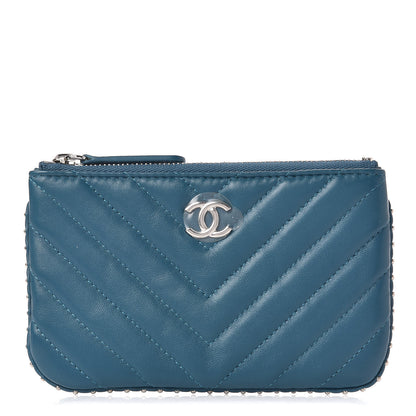 Chanel Lambskin Chevron Quilted Studded Small Cosmetic Case Blue 1 of 7