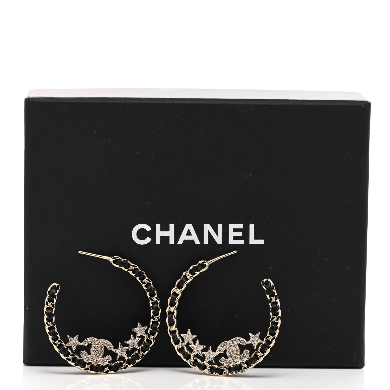 Chanel Lambskin Chain Crystal CC Star Chain Hoop Earrings Gold Black 5 of 5