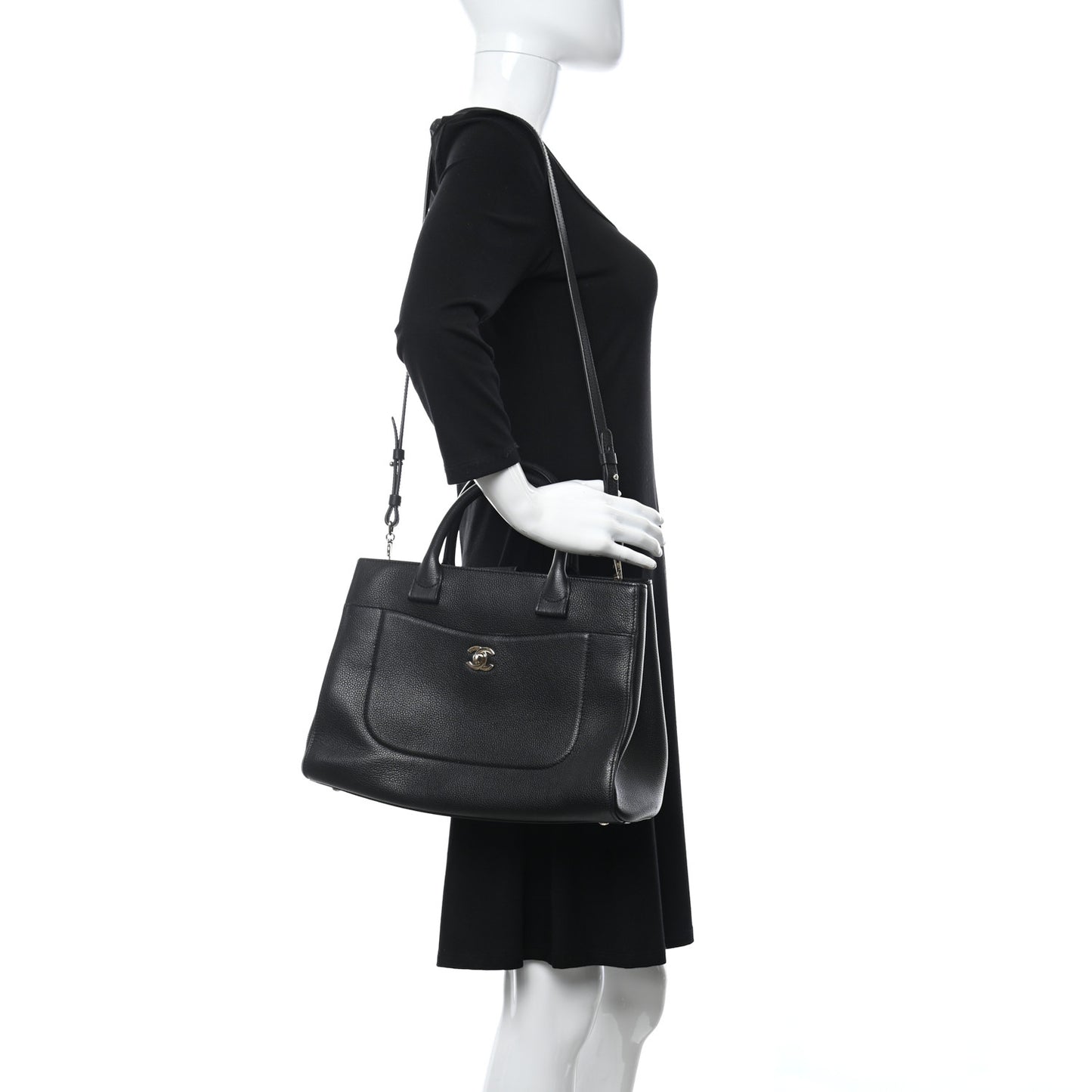 Grained Calfskin Small Neo Executive Shopper Tote Black