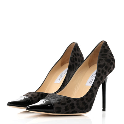 Jimmy Choo Pony Hair Patent Calfskin Leopard Print Mika 85 Cap Toe Pumps 37 Smoke Black 4 of 11
