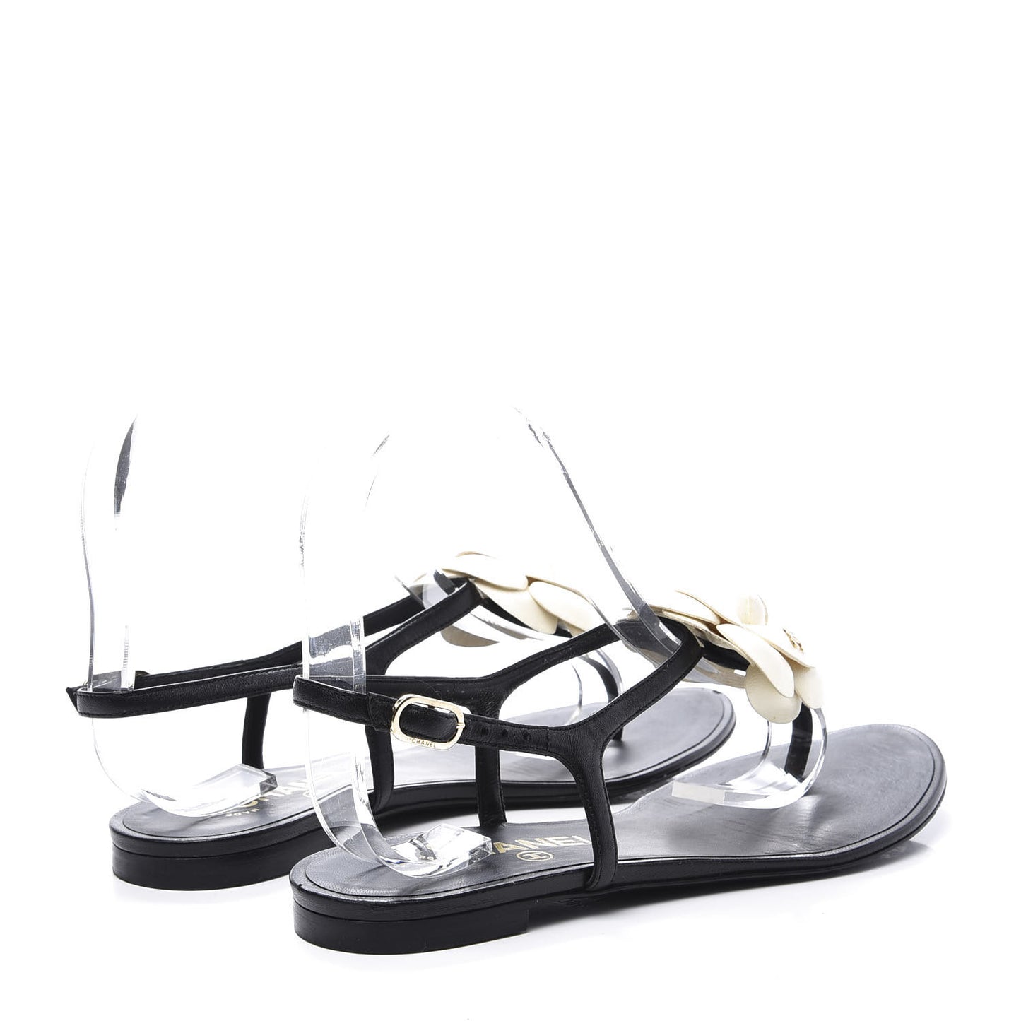 Patent Camellia Thong Sandals 36 Black White