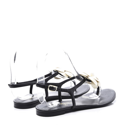 Chanel Patent Camellia Thong Sandals 36 Black White 4 of 12