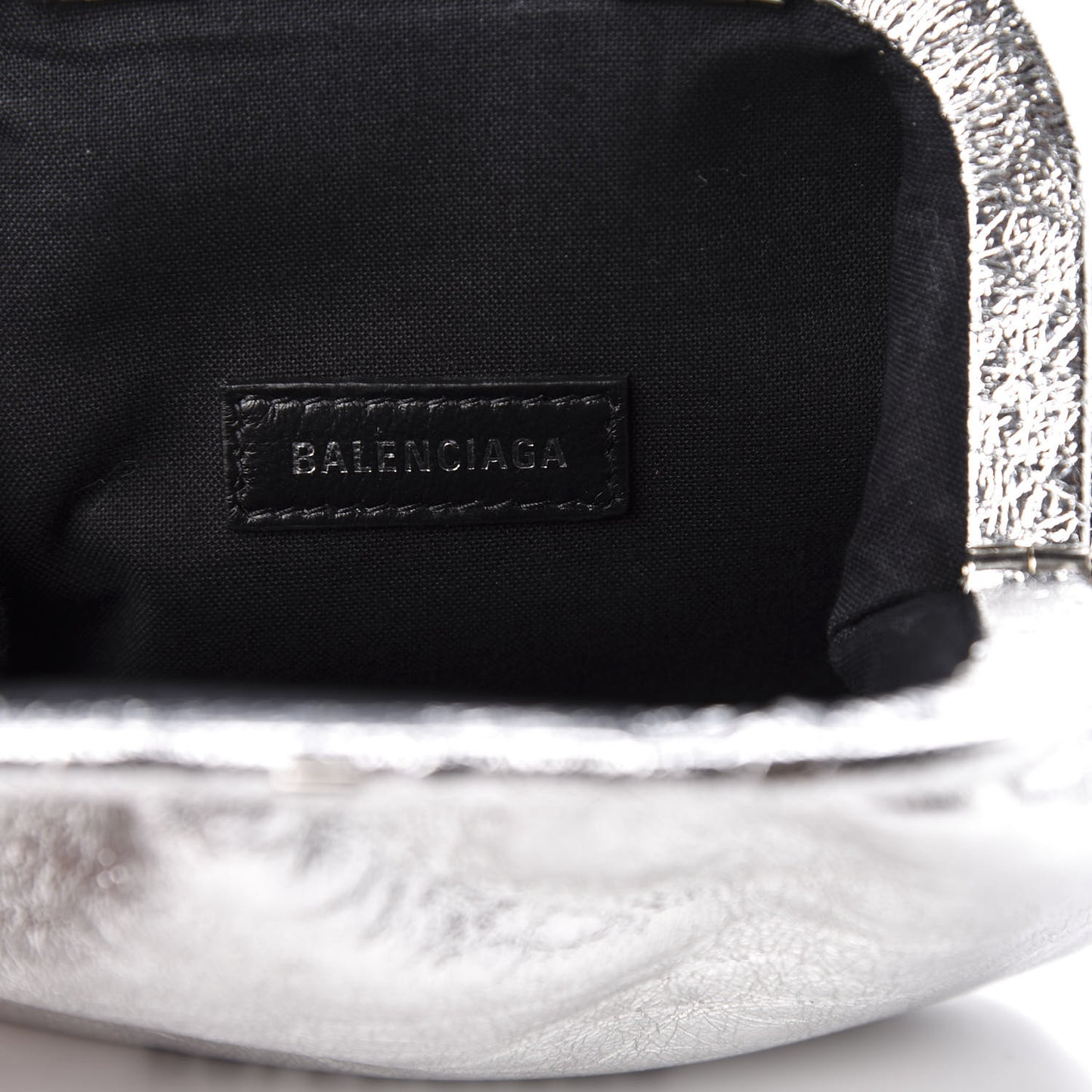Metallic Textured Calfskin Logo Cloud Coin Purse With Strap Silver