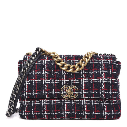 Chanel Tweed Quilted Large 19 Flap Navy Blue White Red 1 of 10