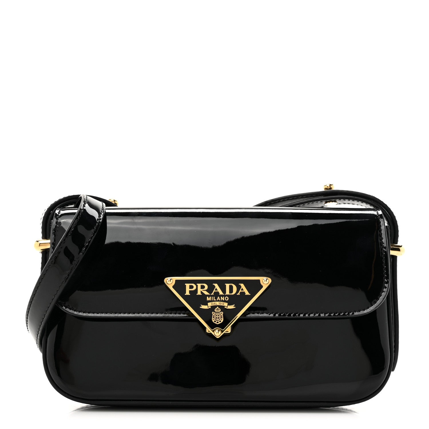 Prada Vernice Metal Triangle Logo Flap Shoulder Bag Black 1 of 9