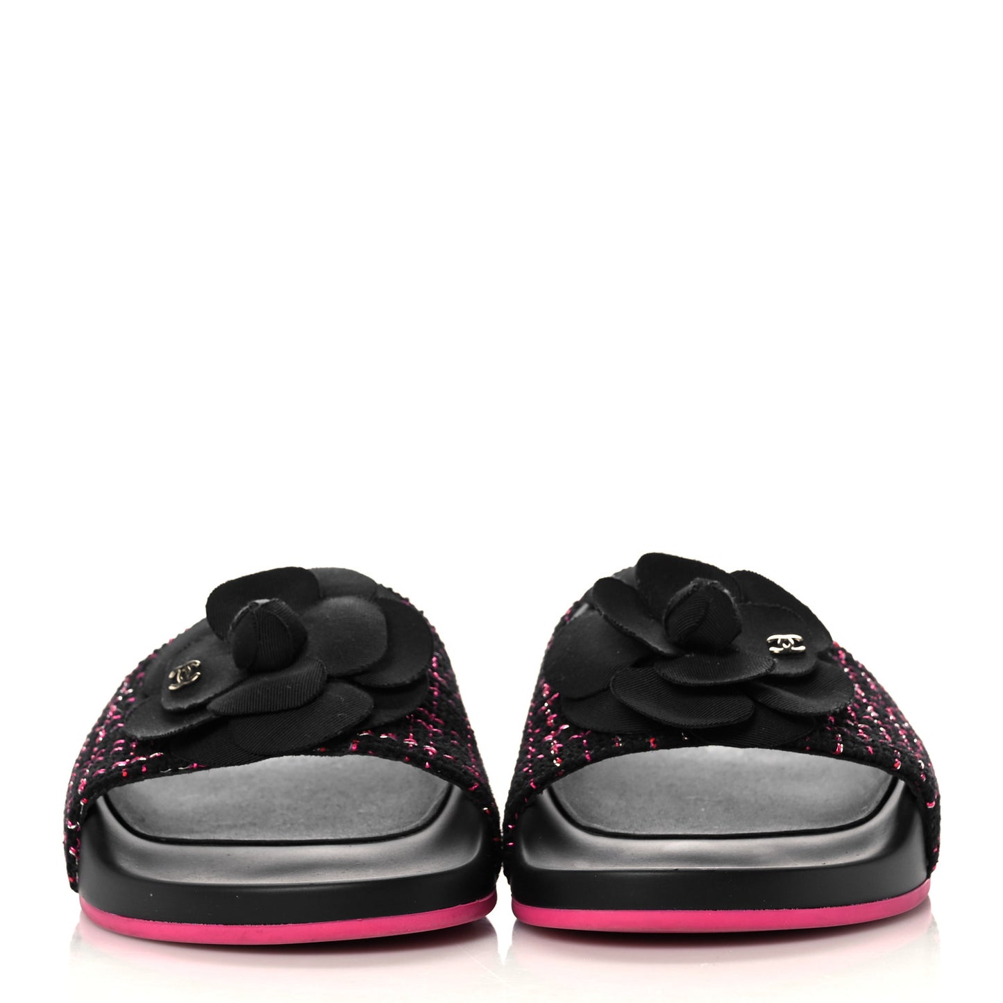 Tweed Grosgrain Camellia CC Flat Mules 36 Black Pink