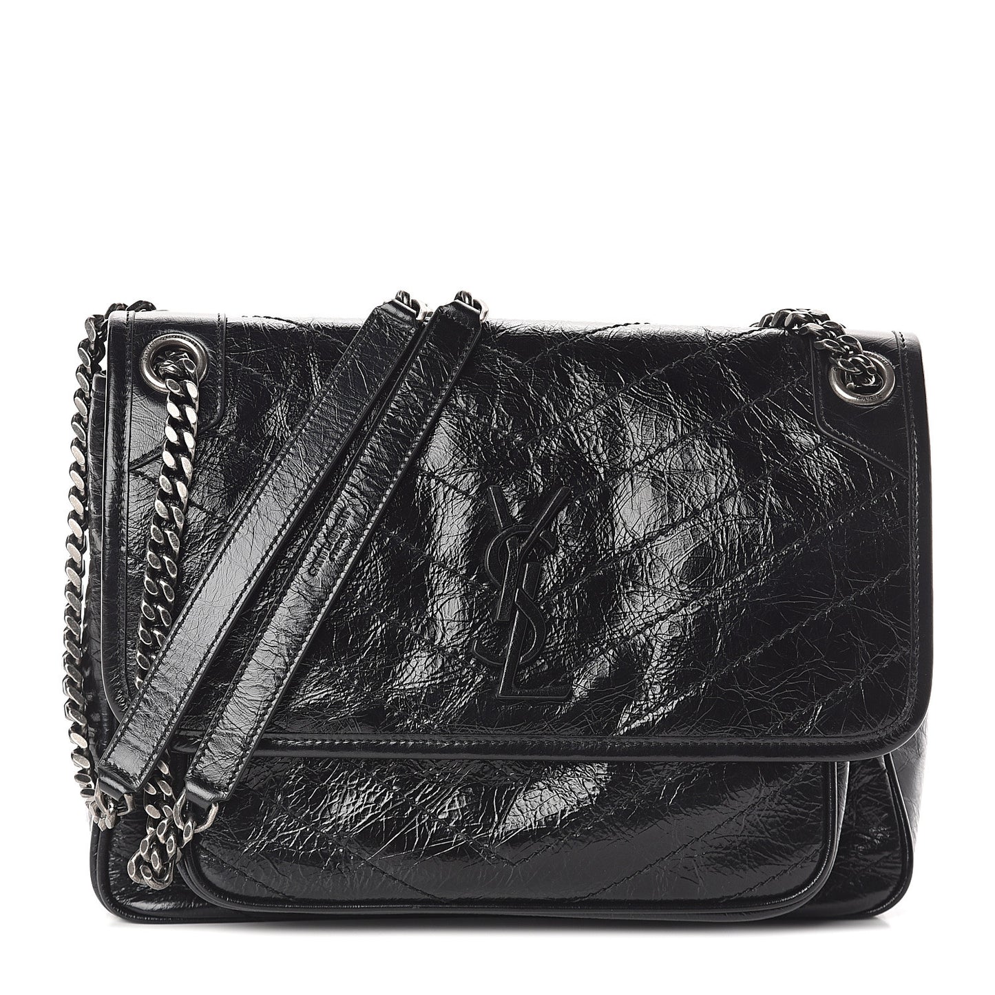 Crinkled Calfskin Matelasse Monogram Medium Niki Chain Satchel Black