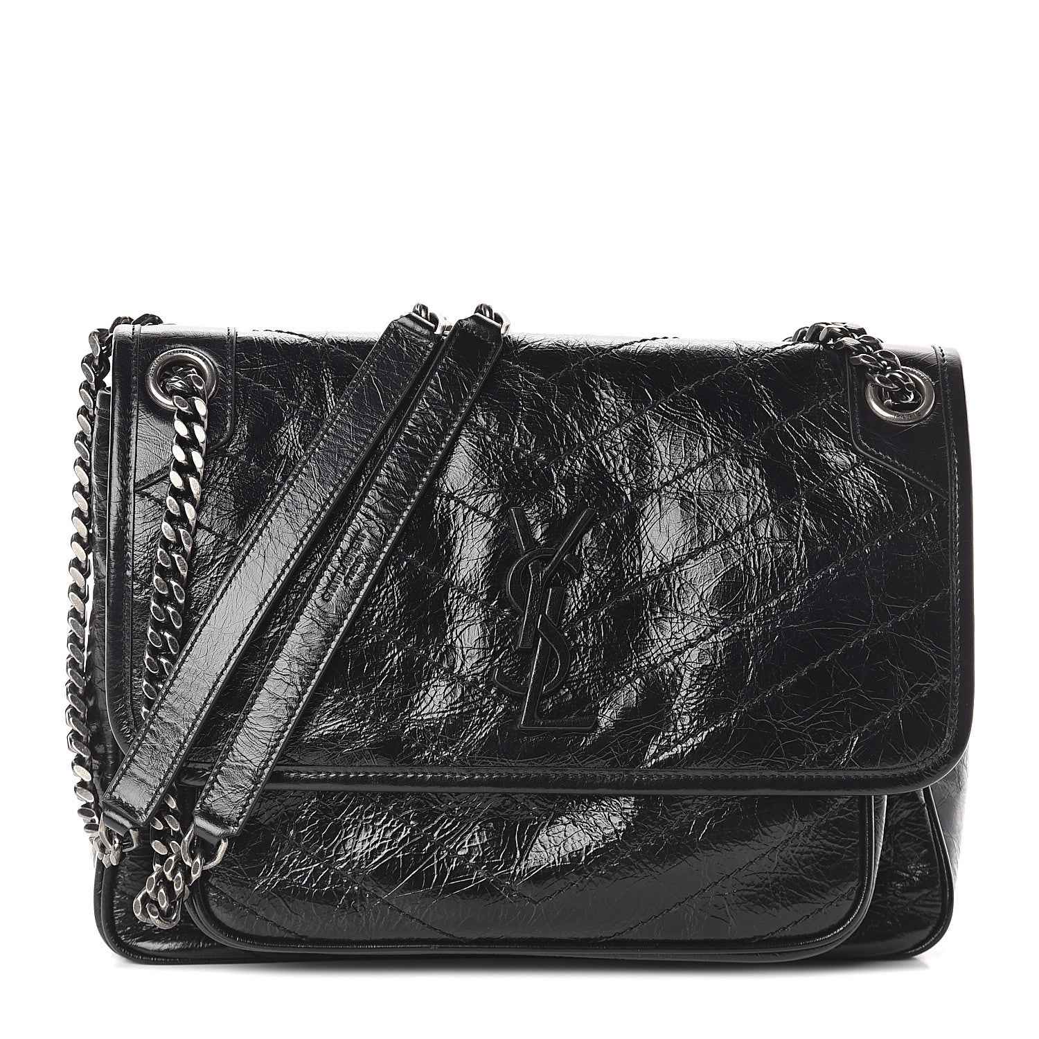 Saint Laurent Crinkled Calfskin Matelasse Monogram Medium Niki Chain Satchel Black 1 of 8