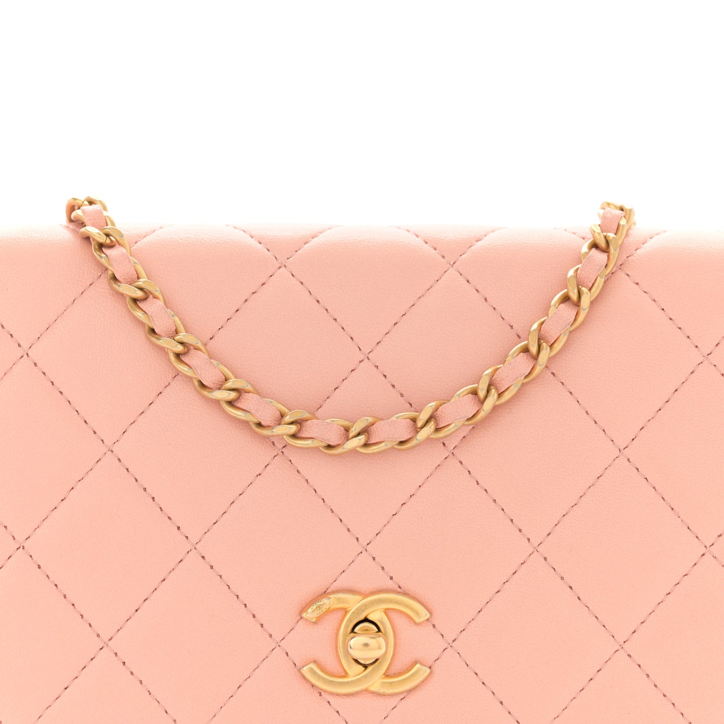 Lambskin Quilted CC Pearl Crush Wallet on Chain WOC Light Orange