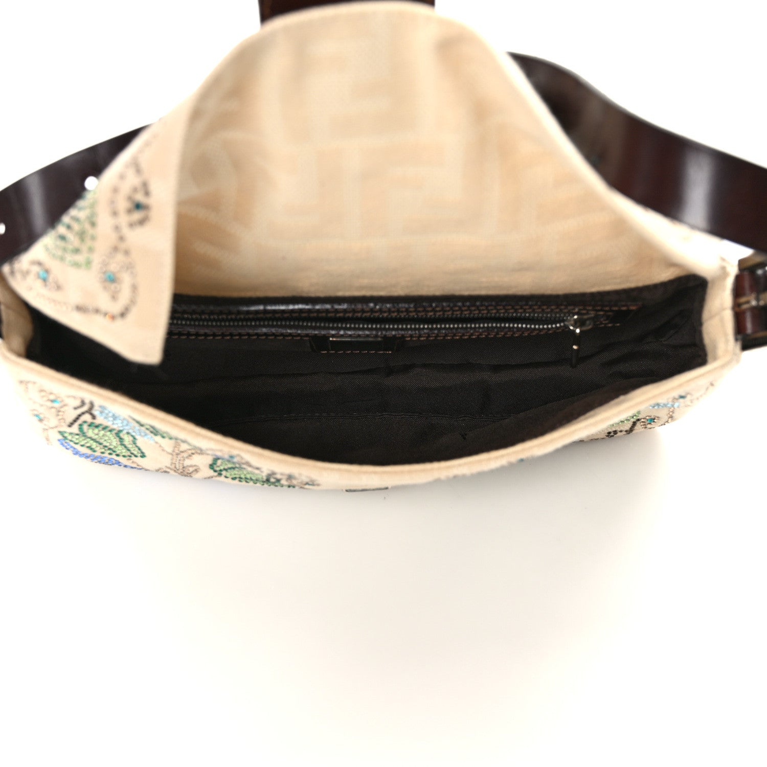 Fendi Linen Zucca Crystal Floral Beaded Baguette Beige Multicolor 5 of 8