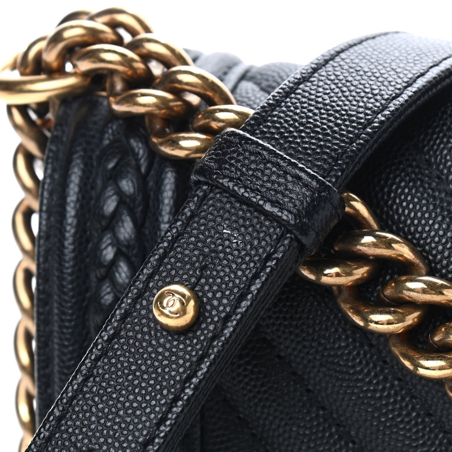 Caviar Chevron Quilted Braided Medium Boy Flap Black