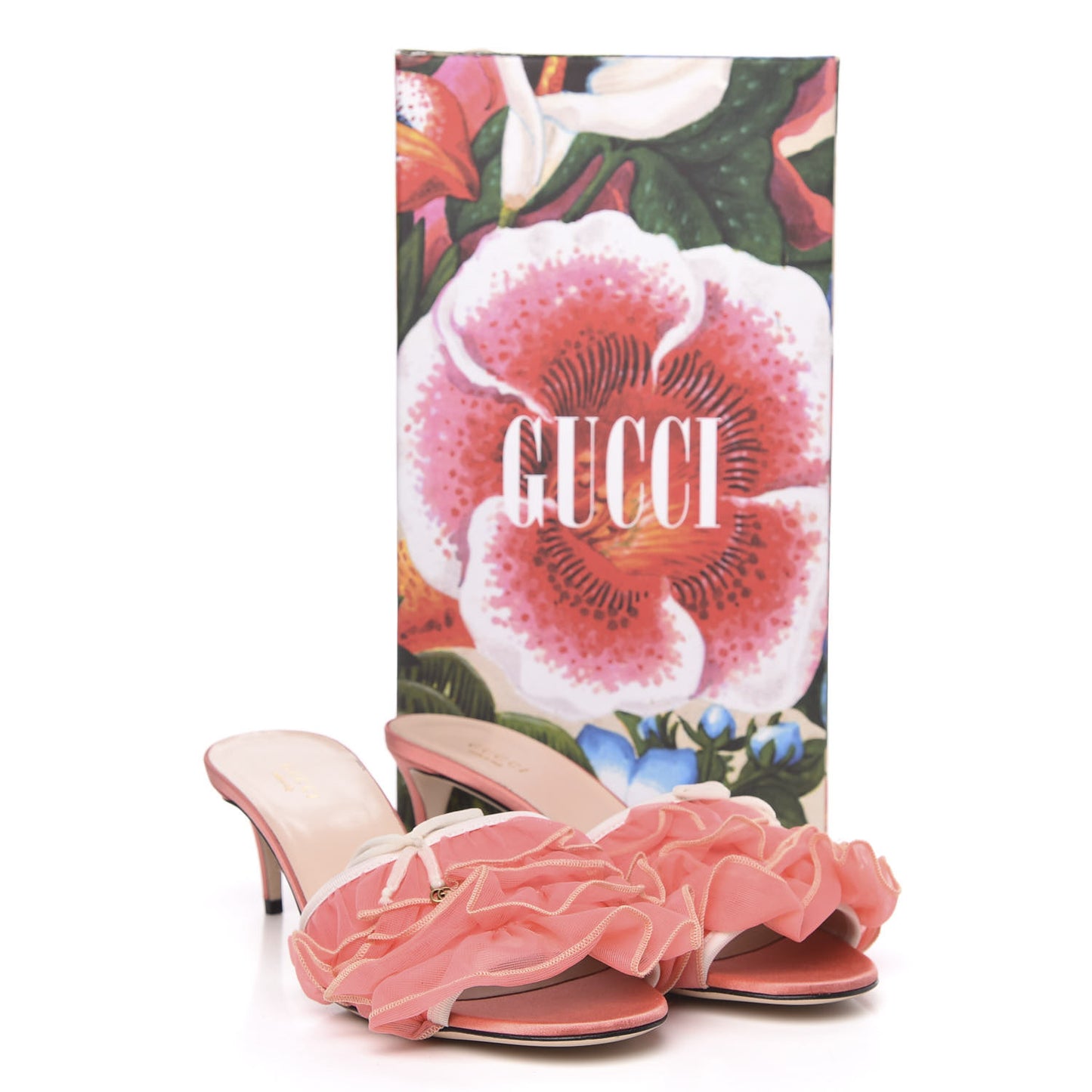 Tulle Ruffle Low Heel Slide Sandals 39.5 Peach White