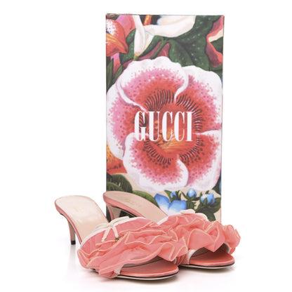 Gucci Tulle Ruffle Low Heel Slide Sandals 39.5 Peach White 9 of 9