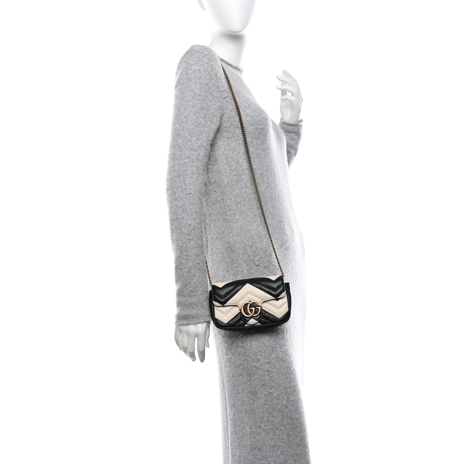 Gucci Calfskin Matelasse Super Mini GG Marmont Shoulder Bag Black White 2 of 12