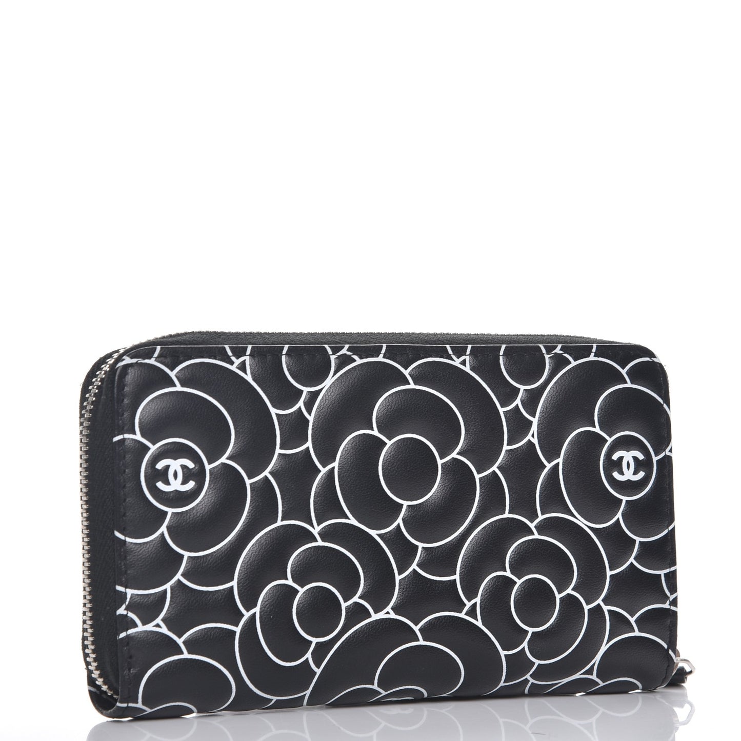 Lambskin Camellia Embossed Zip Around Wallet Black