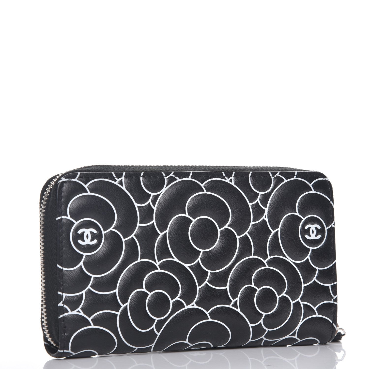 Chanel Lambskin Camellia Embossed Zip Around Wallet Black 3 of 9