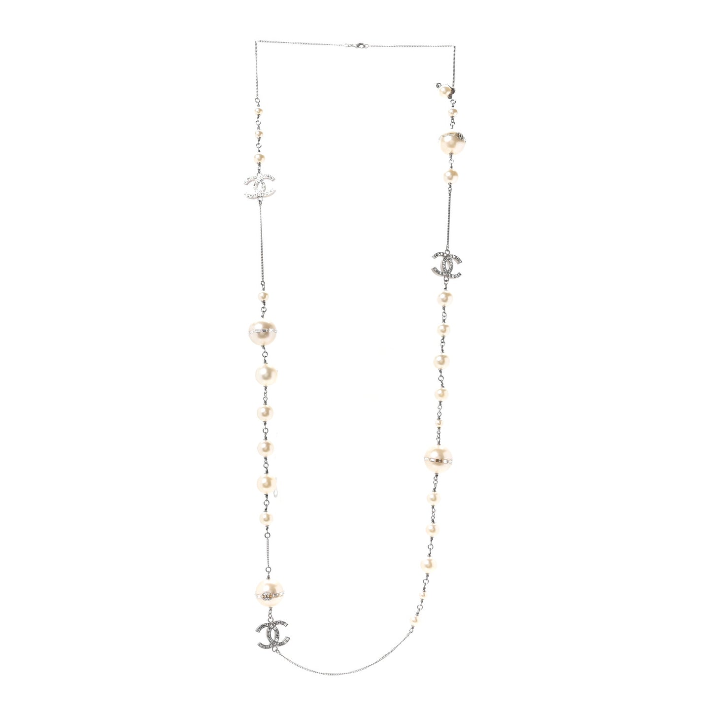 Baguette Crystal Pearl CC Long Necklace Silver